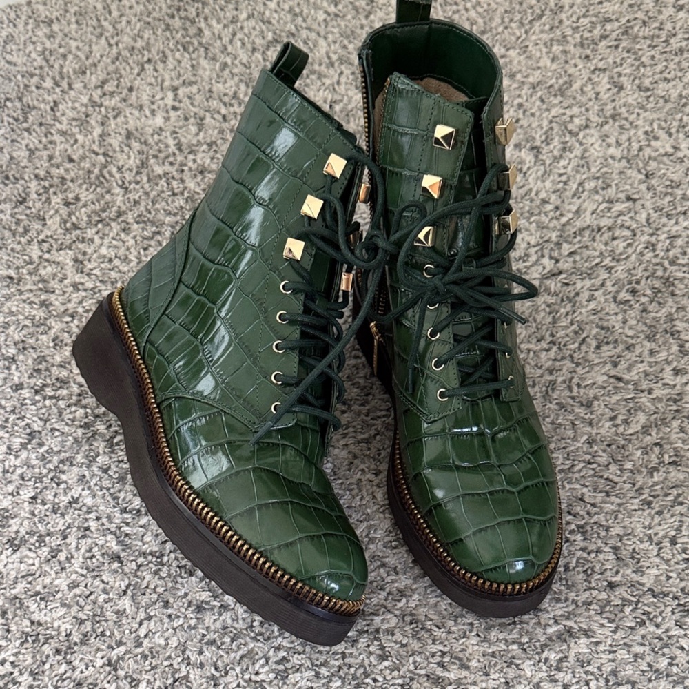 Michael Kors Green Croc-Embossed Lace-Up Platform Ankle Boots